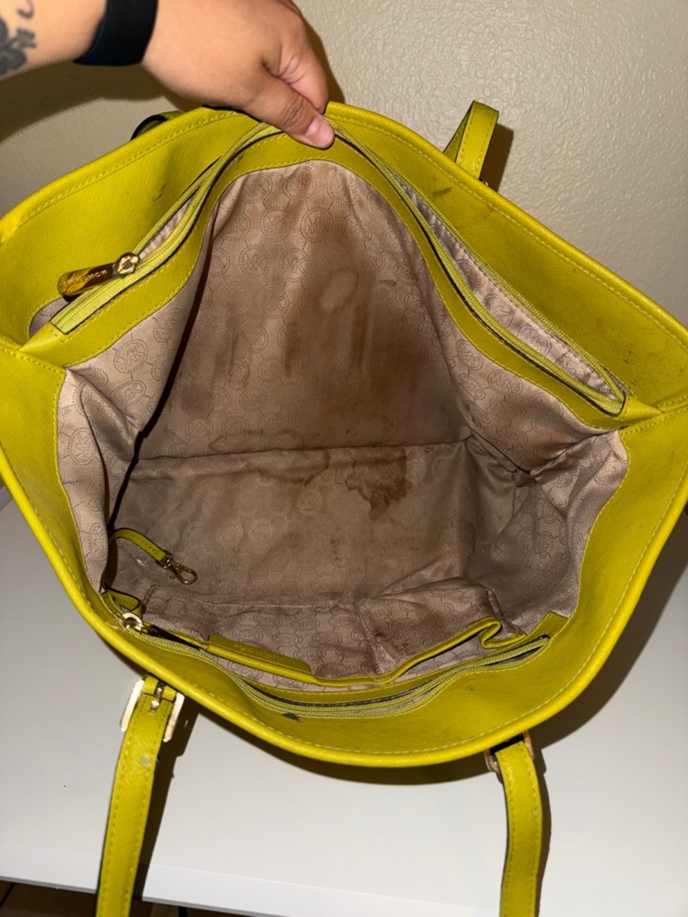 Michael Kors Chartreuse Leather Tote with MK Charm - Picture 6 of 6
